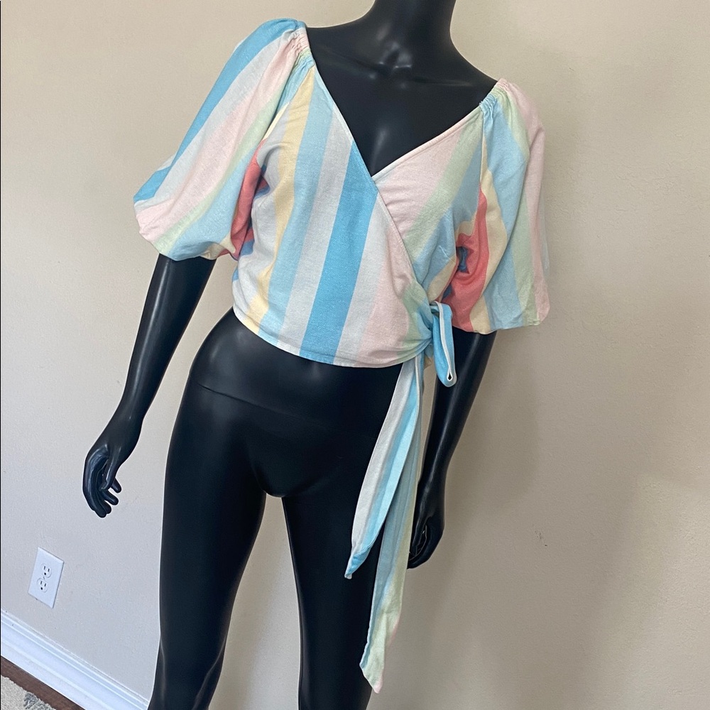 VENUS Pastel Stripe Puff-Sleeve Wrap Top